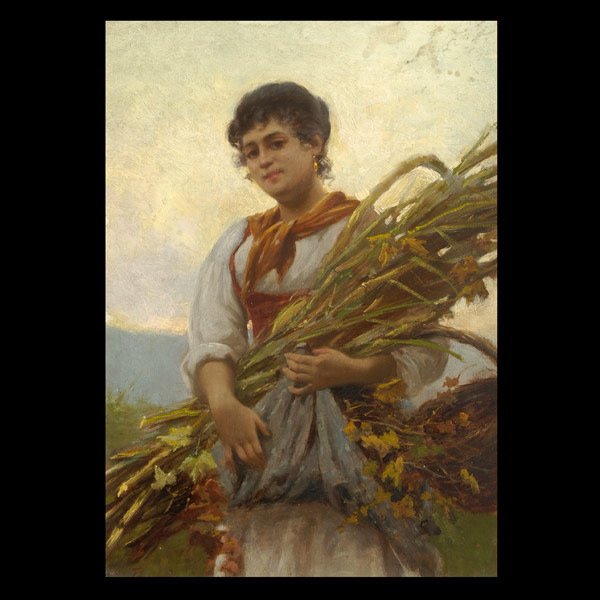 VITTORIO TESSARI OIL ON BOARD: VITTORIO TESSARI (Italian, 1860-1940) The Harvest Oil on board, circa 1900 14 x 10 inches Signed lower left In good condition, liquid stains upper right