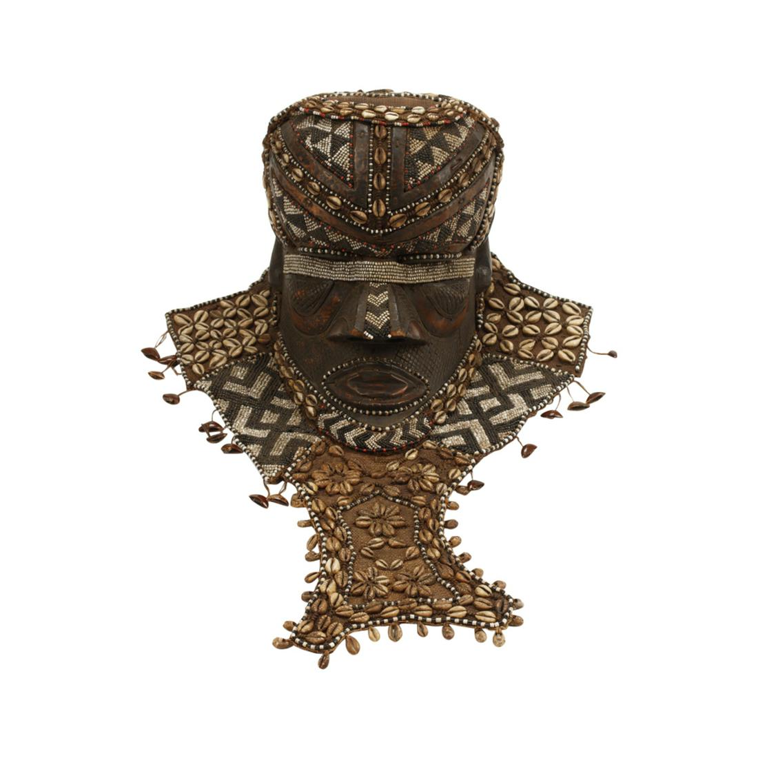 African Wood and Cloth Mask with Beads and Shells. (1 of 3)