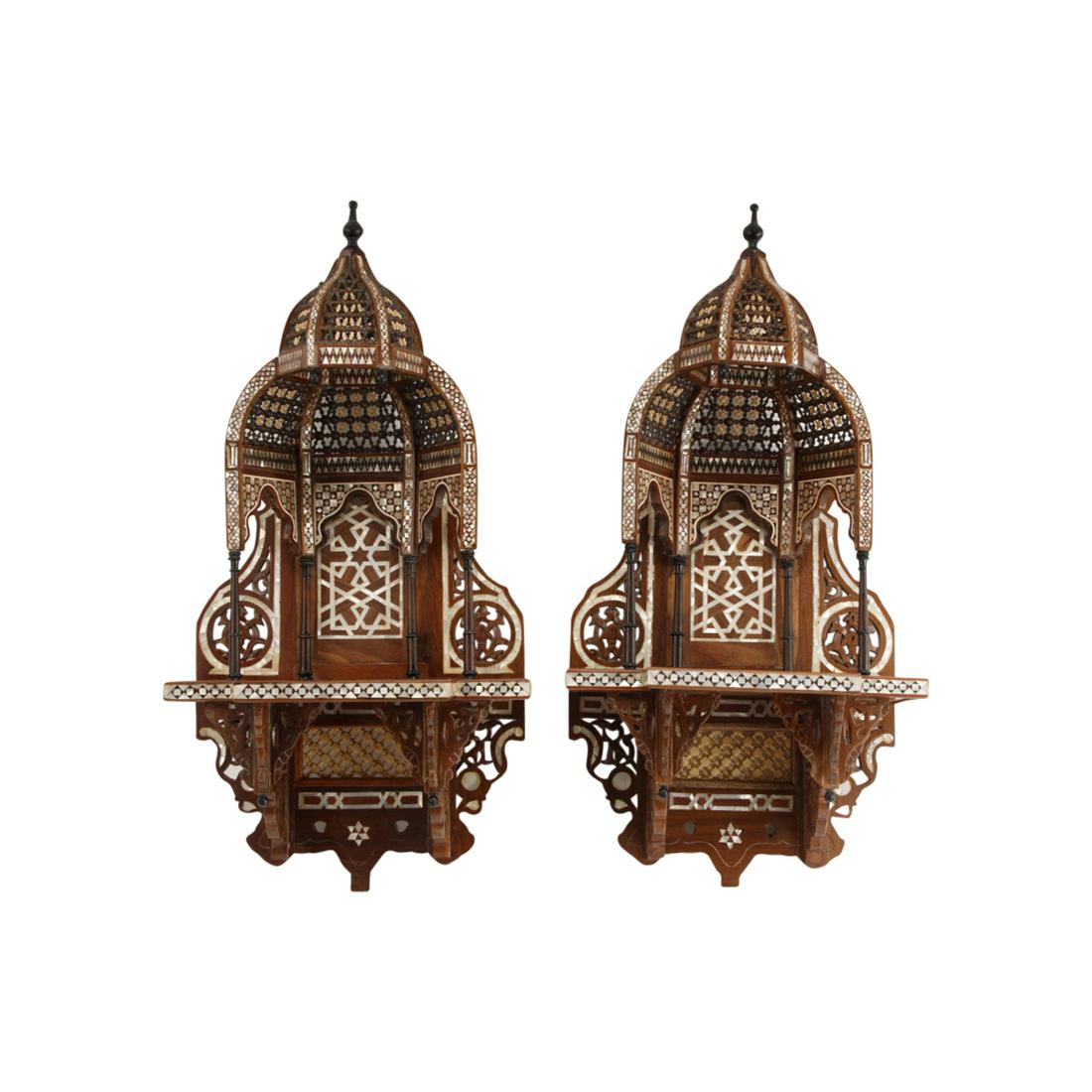 Pair of Moorish Style Inlaid Brackets.: Pair of Moorish Style Inlaid Brackets. {Approximate dimensions: 24 high x 12 1/2 wide x 7 3/4 inches deep.}. Condition: Minor wear throughout.