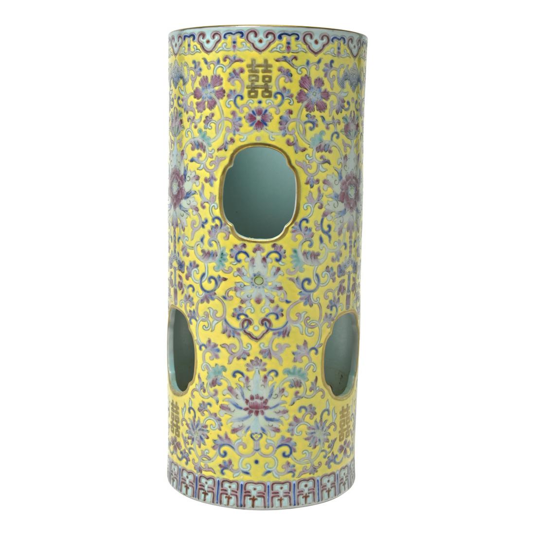 A Chinese Yellow Ground Famille Rose Hat Stand Vase. (1 of 3)