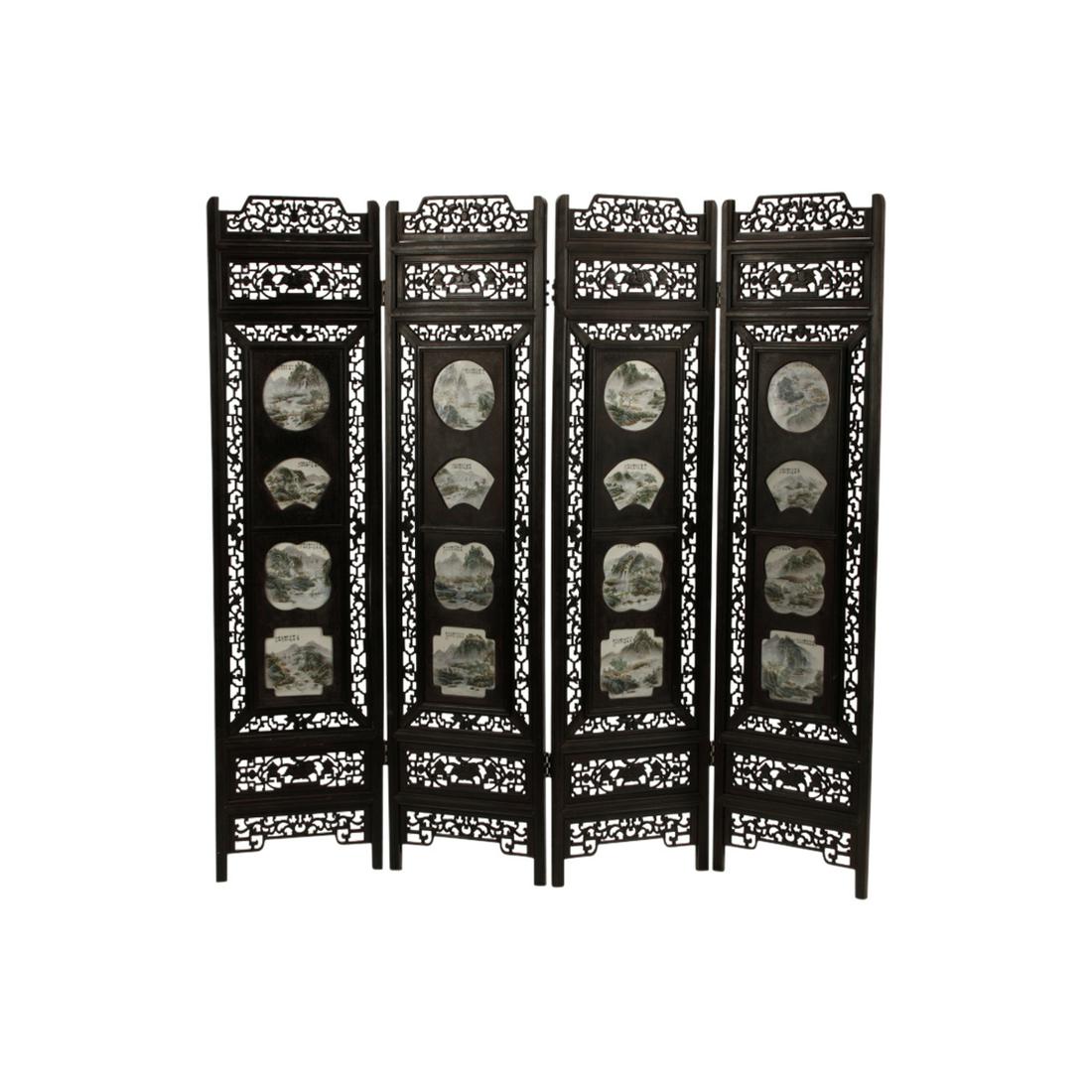Chinese Carved and Porcelain Mount Four-Panel Screen. (1 of 3)