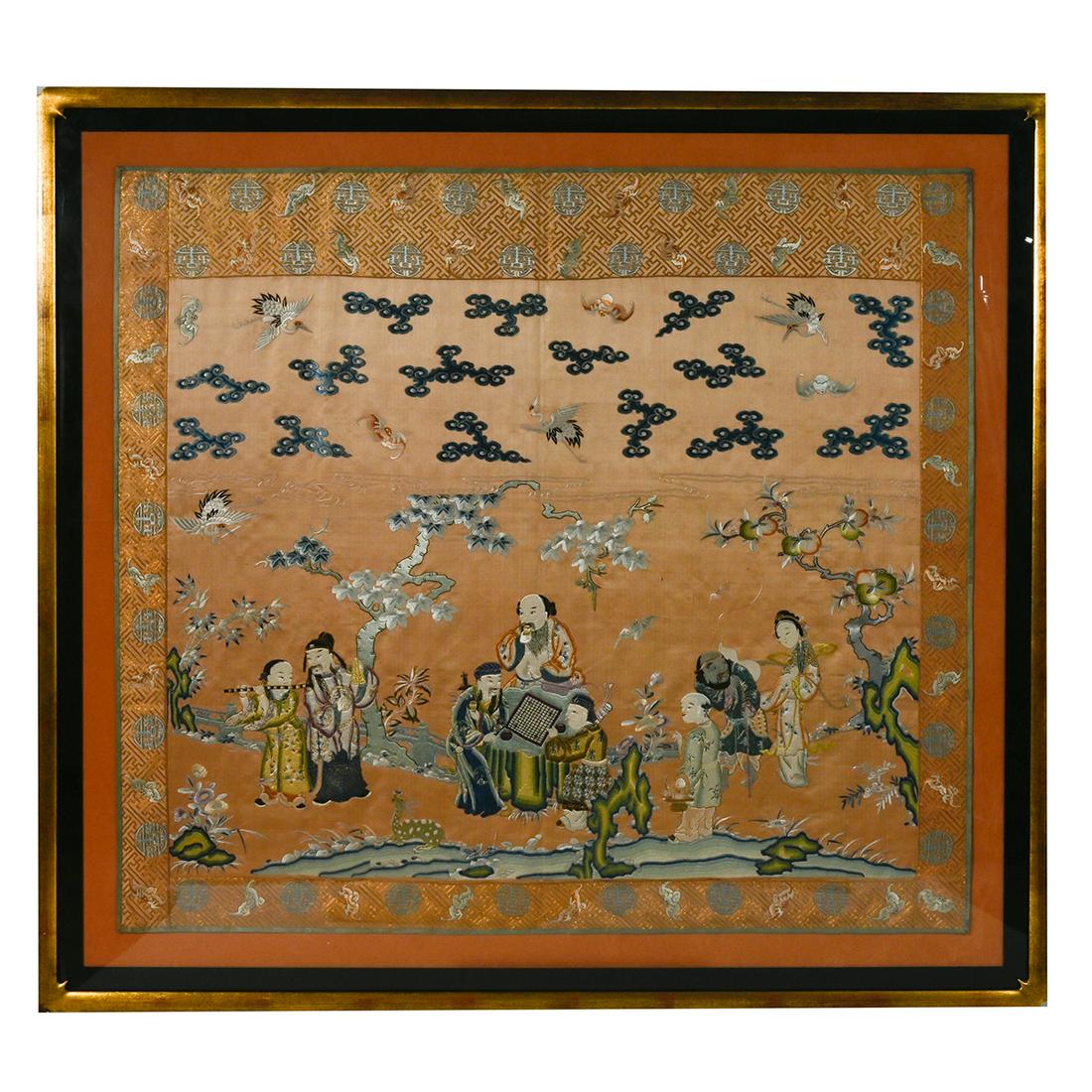 Large Framed Chinese Embroidered Artwork on Fabric. (1 of 3)