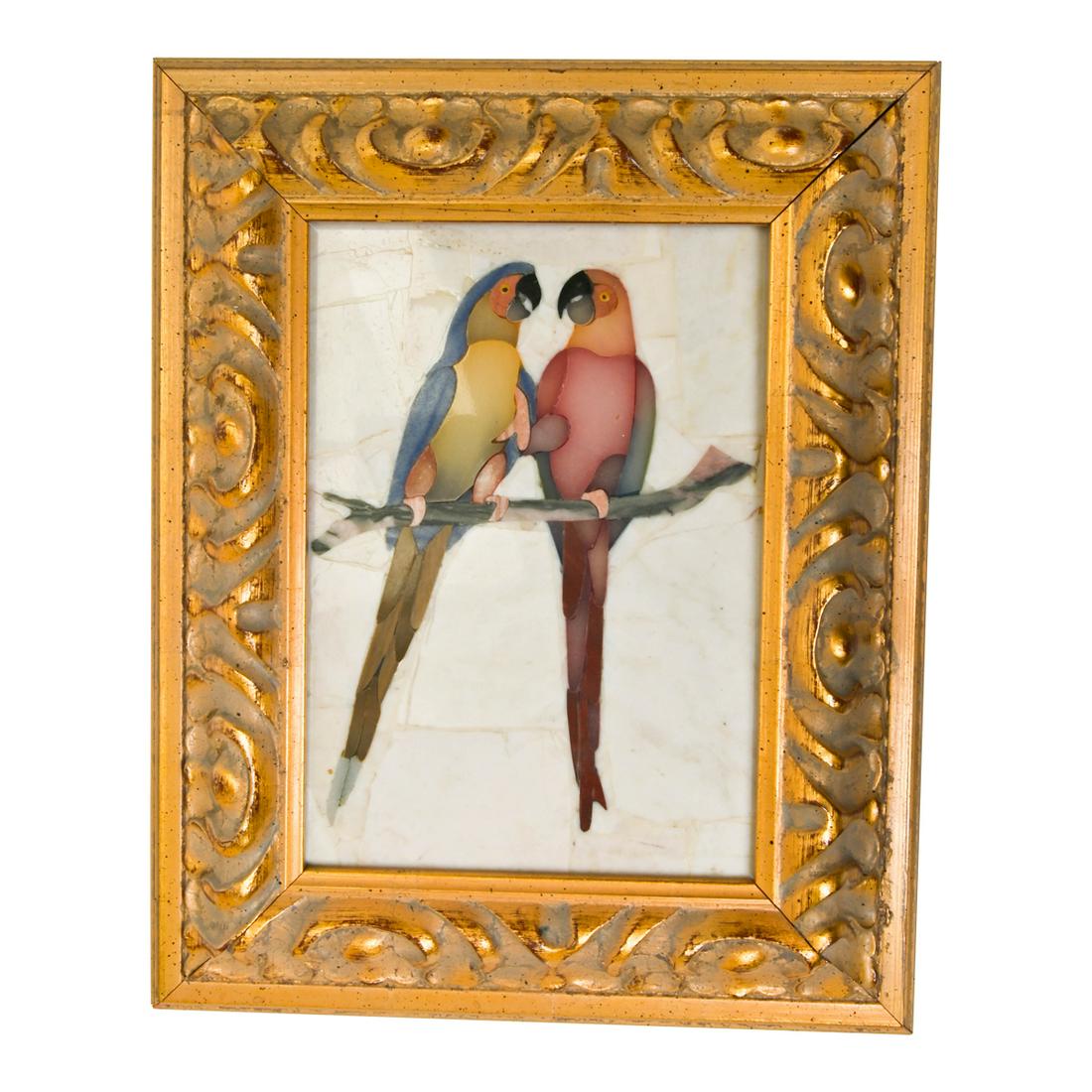 Pietra Dura Plaque, Parrots in Giltwood Frame. (1 of 3)