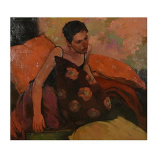 Joseph Lorusso, Woman with Pillows, oil on board: JOSEPH LORUSSO (American, b. 1966), Woman with Pillows, oil on board, board: 24 x 25 inches, framed: 32.25 x 34.25 inches, signed upper left, in ink verso "J. Lorusso".