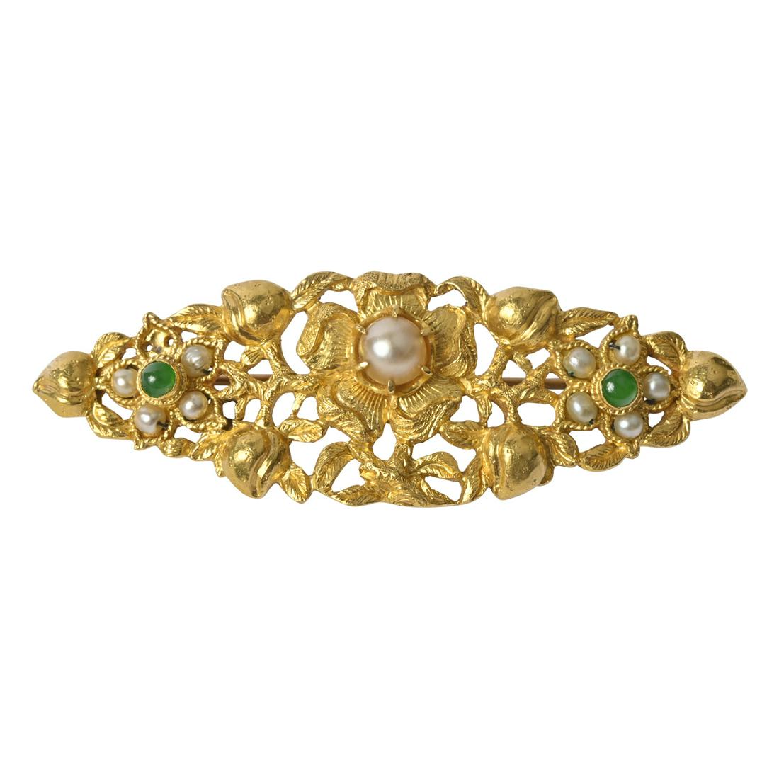 Cultured Pearl, Jadeite Jade, 24k Yellow Gold Brooch. (1 of 3)