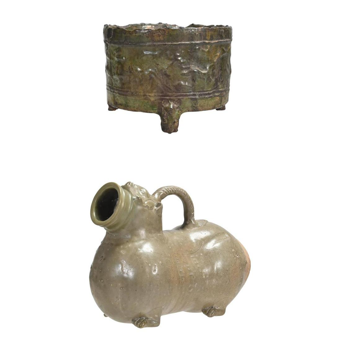 Two Han Glazed Pottery Footed Vessels. (1 of 8)