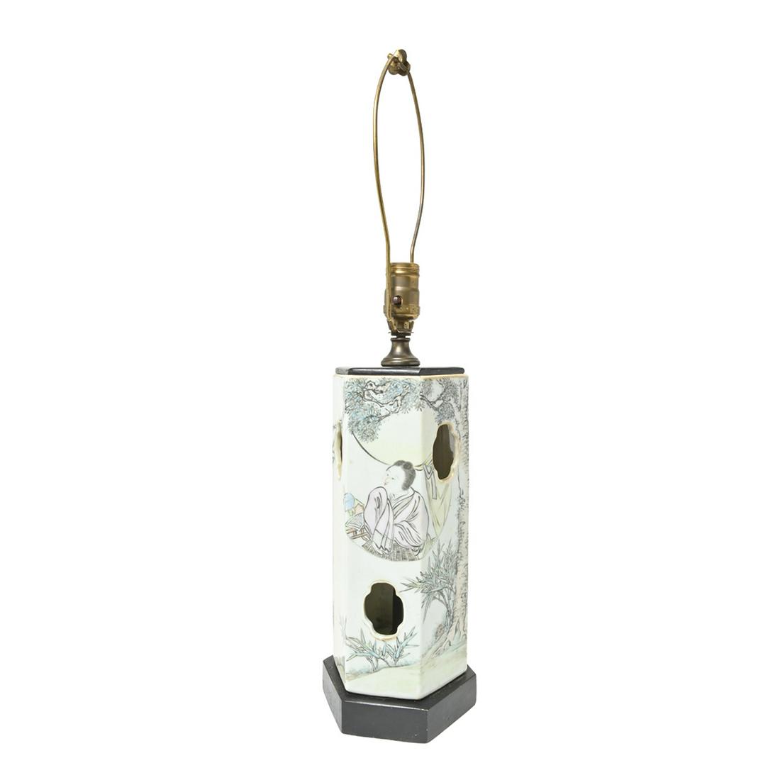 Chinese Famille Rose Hat Holder Vase Lamp.: Chinese Famille Rose Hat Holder Vase Lamp. Of hexagonal cylinder form with quadrilobed piercings, the body depicting a female sitting by the window, inscribed Chinese poem, converted to a lamp. Possib