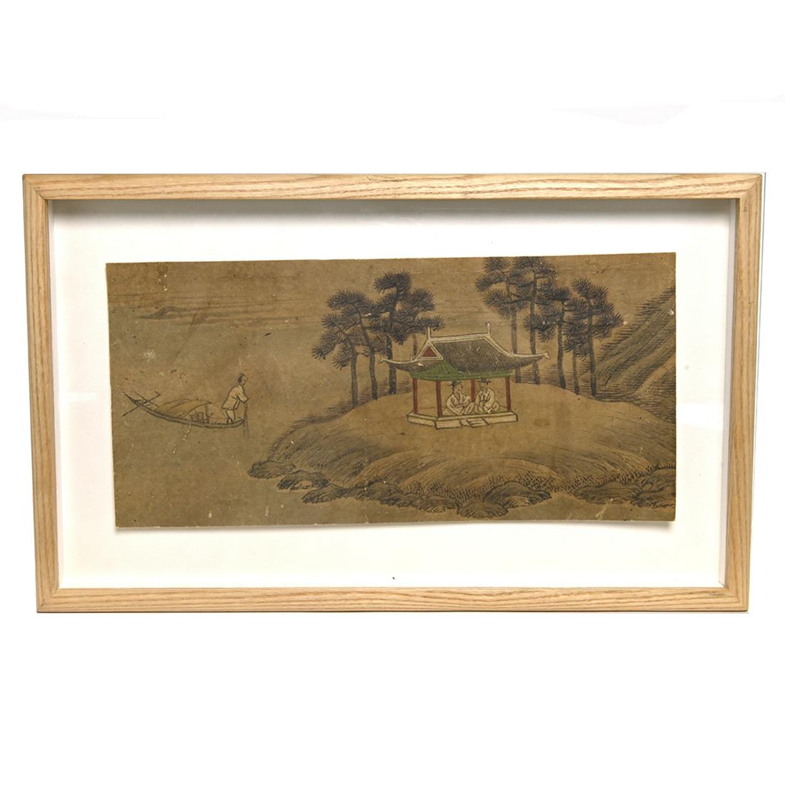 A Framed Korean Painting from Minnesota Museum of Art.: A Framed Korean Painting from Minnesota Museum of Art. Unknown Artist, 'Scholars in a Pavillion and Pleasure Boat in the Diamond Mountains', Ink and color on paper. Korean. Yi Dynasty (1392-1910). {Wi