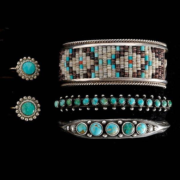 COLLECTION OF TURQUOISE, BEAD, SILVER JEWELRY.: COLLECTION OF TURQUOISE, BEAD, SILVER JEWELRY. Including one engraved bangle bracelet featuring five bezel-set turquoise segments; one engraved bangle bracelet featuring fifteen bezel-set turquoise se
