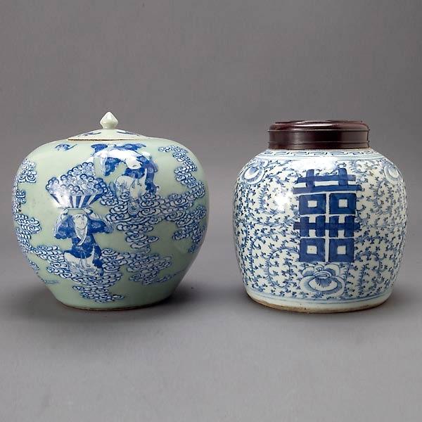 Two Ginger Jars: Two Ginger Jars, the first with double happiness character design; the second is celadon glazed with underglaze blue decoration of Liu Hai and bats {Tallest 9 inches}