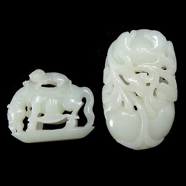 Two Jade Carvings: Two Jade Carvings, including a monkey upon the back of a grazing horse and fruit forms with lingzhi {Tallest 3 /4 inches}