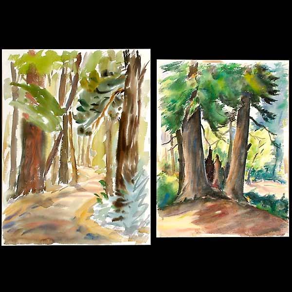 TED LEWY (American, 1910 - 1963) 2 Watercolors. : TED LEWY (American, 1912 - 1963) 2 Watercolors. Both forest landscapes. Larger one 24 x 18 inches. Verso signed and dated. Very good condition; minor pin holes in corner of smaller;