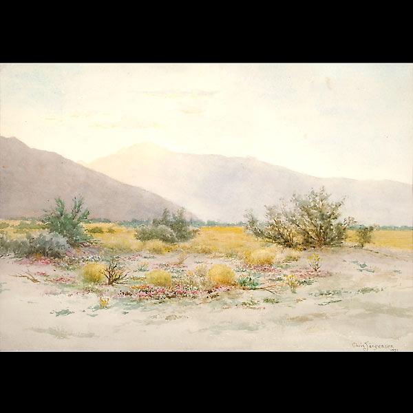 CHRISTIAN JORGENSEN, Watercolor 1932: CHRISTIAN AUGUST JORGENSEN (American, 1860-1935). "Desert Near Cathedral City - Palm Springs, California". Watercolor on paper, 1932. signed and dated lower right. Sight: 10 x 14 1/8 inches. Framed an