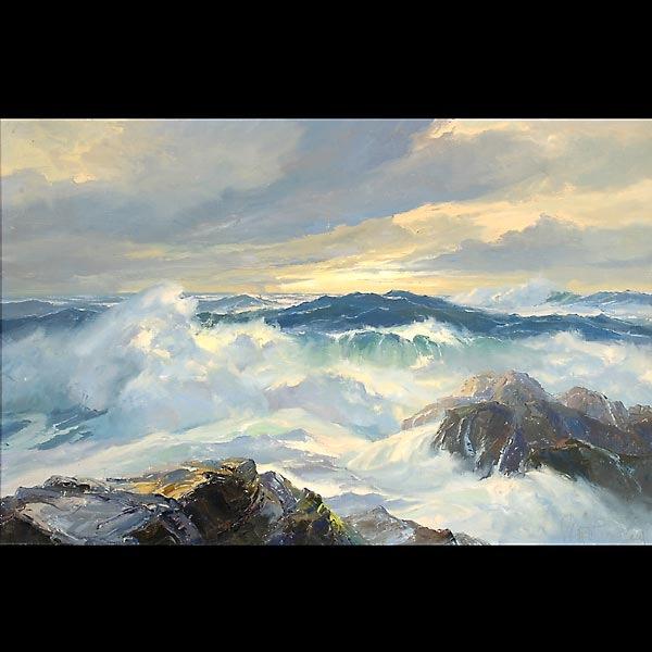 BENNETT BRADBURY. Seascape oil on canvas: BENNETT BRADBURY. (American, 1914 - 1991). Seascape of waves crashing on rocks. Oil painting on canvas. Sight: 20 x 30 inches. Signed lower left. Good condition. One minor dent. Framed and linner.