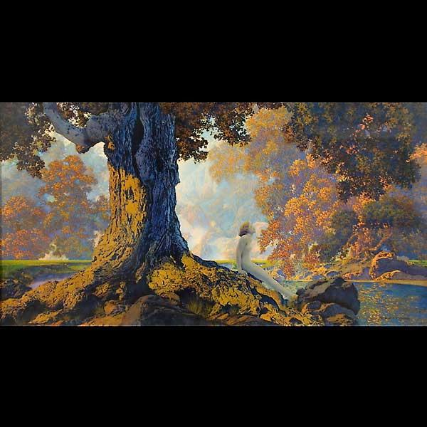 MAXFIELD PARRISH. "Dreaming" Offset Lithograph: MAXFIELD FREDERICK PARRISH. (American, 1870 - 1966) "Dreaming" Offset Lithograph. Sight: 9 3/4 x 17 3/4 inches. Signed in print lower right. Excellent condition. Framed and glazed.