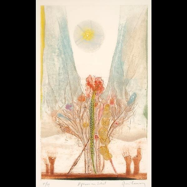 RENE CARCAN (Belgian) "Hymne Au Soleil": RENE CARCAN (Belgian, 1925 - 1993) "Hymne Au Soleil" Color lithograph on paper. Sight: 20 3/4 x 12 3/4 inches. Signed lower right, Numbered lower left 32/99. Good condition, minor wave in paper. Artis