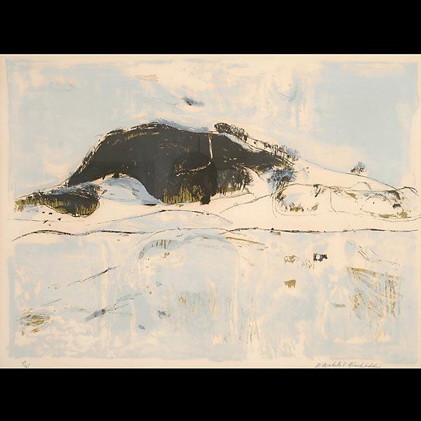 ELIZABETH BLACKADDER. Landscape block ink print: ELIZABETH VIOLET BLACKADDER (Scottish, b. 1934), Rural landscape. Block print with ink. Sight: 19 1/2 x 27 inches. Signed lower right, numbered 59/85 lower left. Very good condition. Minor yellowing o