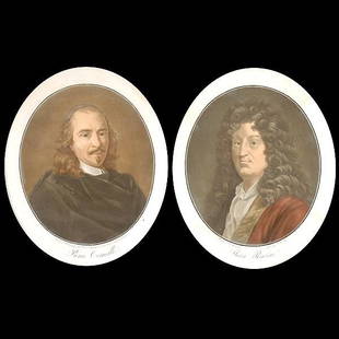 2 PIERRE MICHEL ALIX. Aquatint color portraits: PIERRE MICHEL ALIX. (French, 1762 - 1817) Two color aquatints. "Jean Racine and Pierre Corneille" Sight: 11 1/2 x 10 inches. Good condition. Oval framed and glazed. Old manuscripts used as sealing pap