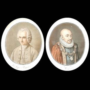 2 PIERRE MICHEL ALIX. Aquatint color portraits: 2 PIERRE MICHEL ALIX. (French, 1762 - 1817) Two color aquatints. "Montaigne and Jean Jacques Roulseau" Sight: 11 1/2 x 10 inches. Good condition. Oval framed and glazed. Old manuscript sused as sealin