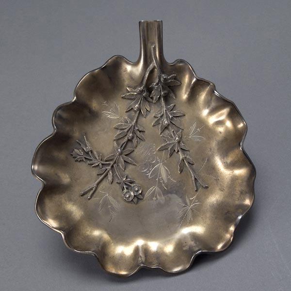 Aesthetic Wood & Hughes Sterling Leaf Form Dish: Aesthetic Movement Wood & Hughes Sterling Leaf Form Footed Dish with Applied Oak Branch, initialed "GM" #110 {Total silver weight 6.95 troy oz; diameter 7 1/2 inches}