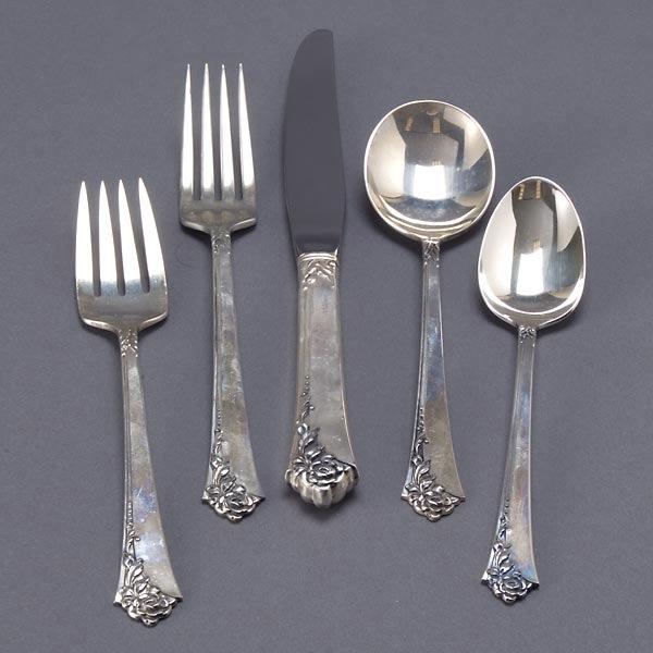 Heirloom Sterling Service in the Damask Rose Patt: Heirloom Sterling Partial Flatware Service in the Damask Rose Pattern: twelve dinner knives (length 8 3/4 inches); twelve dinner forks (length 7 inches); twelve salad forks; twelve soup spoons; twelve