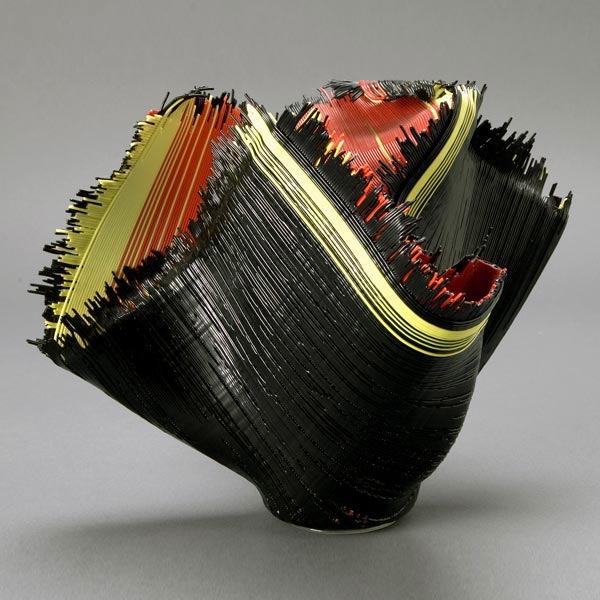 Linda Andrews Art Glass Woven Bowl, Pilchuk School: Linda Andrews Art Glass Bowl Fashioned as a Folded Handkerchief, Pilchuk School, '93, from her series of fabric, signed #0814931 {Height 8 inches} [Good condition]