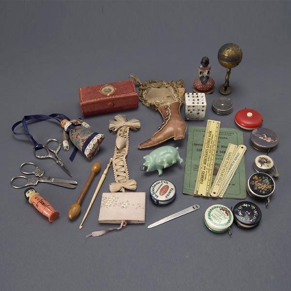 Assembled Group of Sewing Items: Assembled Group of Sewing Items: advertising measuring tapes; Buster Brown scissors; pin cushions; bodkins; scissors, etc. {Length of Buster Brown scissors 4 inches}