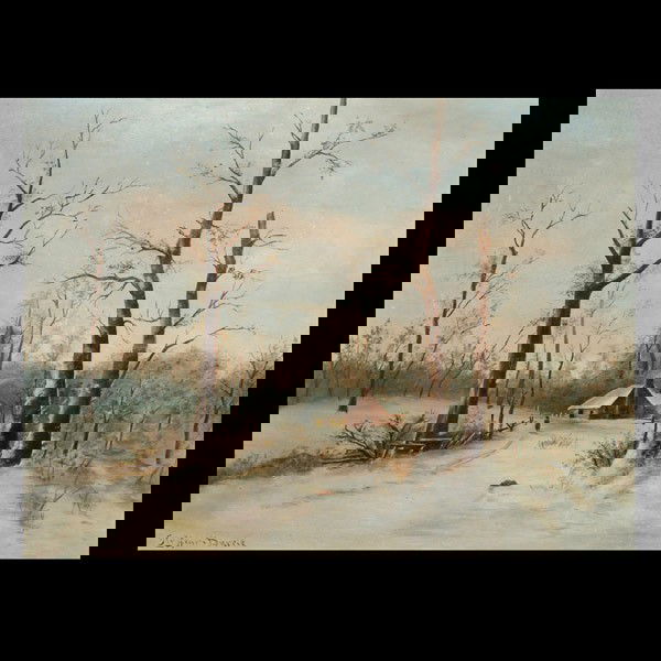 Style of GEORGE HENRY DURRIE snowy landscape: Style of GEORGE HENRY DURRIE (American, 1820-1863). Winter Landscape. Oil on board. Signed lower left: Geo. Henri Durrie. Sight: 18 x 24 inches. In good condition, a few spots of in-painting in the up