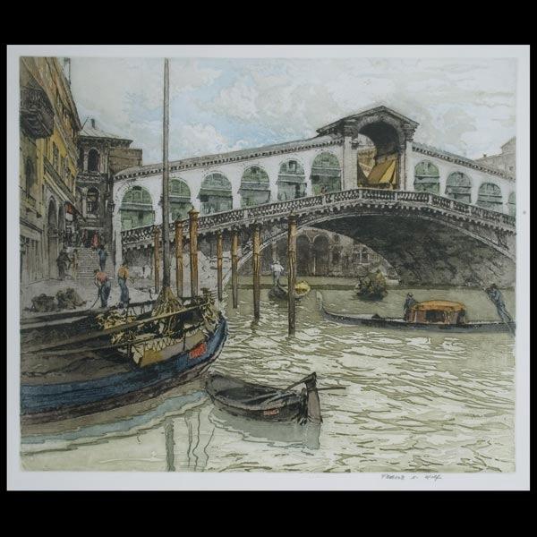 FRANZ XAVIER WOLF, Etching, Venice Ponte di Rialto: FRANZ XAVIER WOLF. (Austrian, 1896 - 1990) "Venice, Ponte di Rialto" Color etching with aquatint. Plate: 16 x 19 inches. Signed lower right. Good condition. Framed, Not examined out of the frame.