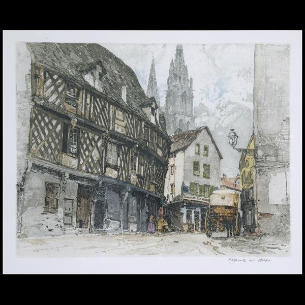 FRANZ XAVIER WOLF, Etching with Aquatint: FRANZ XAVIER WOLF. (Austrian, 1896 - 1990) "View of a European town" Color etching with aquatint. Plate: 10 1/2 x 13 3/4 inches. Signed lower right Good condition. Framed, Not examined out of the fram