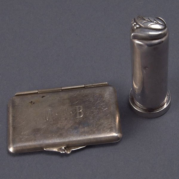 Tiffany Sterling Stamp Box & G. Jensen Case: Tiffany & Co. Sterling Stamp Box with Initials M.F.B.; and a Georg Jensen Lipstick Case (2) {Total silver weight 0.62 troy oz; height of case 2 inches}