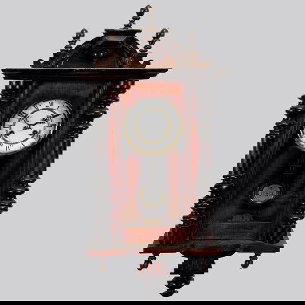 Austrian Wall Regulator Clock w/ key and pendulum: Austrian Wall Regulator Clock with Key and Pendulum, Late 19th Century, The circular enameled dial with Roman numerals enclosed by an arched glazed panel frame door within a conforming case surmounted