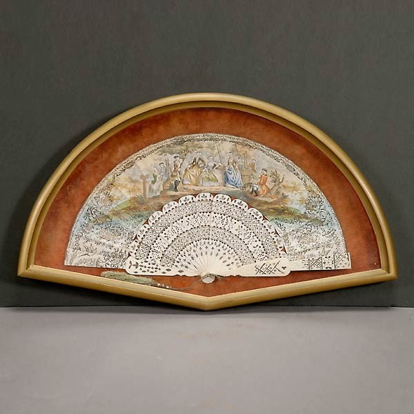 Continental Decorative Fan Mounted in Shadow Box: Continental Decorative Fan Mounted in Shadow Box {Dimensions of box 15 x 26 inches}