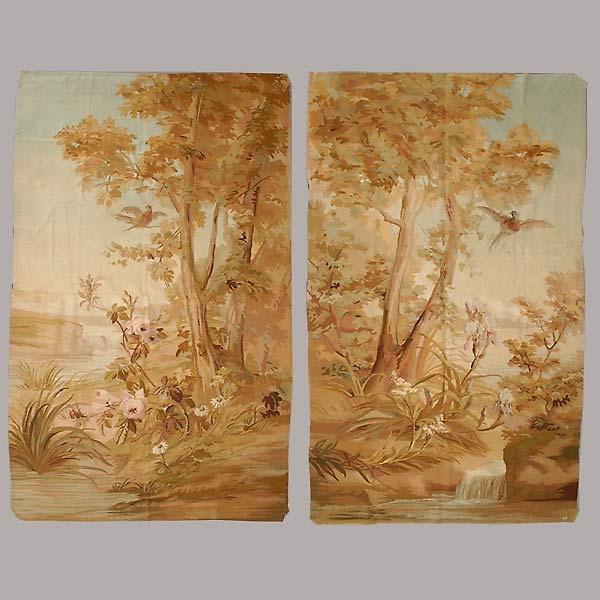Pair of Modern Aubusson Verdure Tapestry Panels: Pair of Modern Aubusson Verdure Tapestry Panels, featuring birds and flowers {Dimensions 5 feet 2 inches x 7 feet 9 inches}