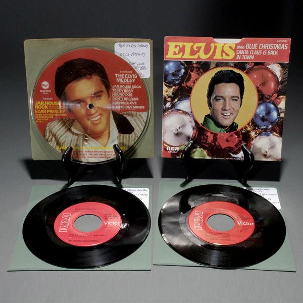 Group of 3 Elvis Presley 45 Records: Group of Three Elvis Presley 7" Vinyl Records Gold Standard and Picture Disc, Including "Shake, Rattle and Roll/Lawdy, Miss Clawdy" (RCA Gold Standard 447-0615 VG+), "Blue Christmas/Santa Claus Is Bac