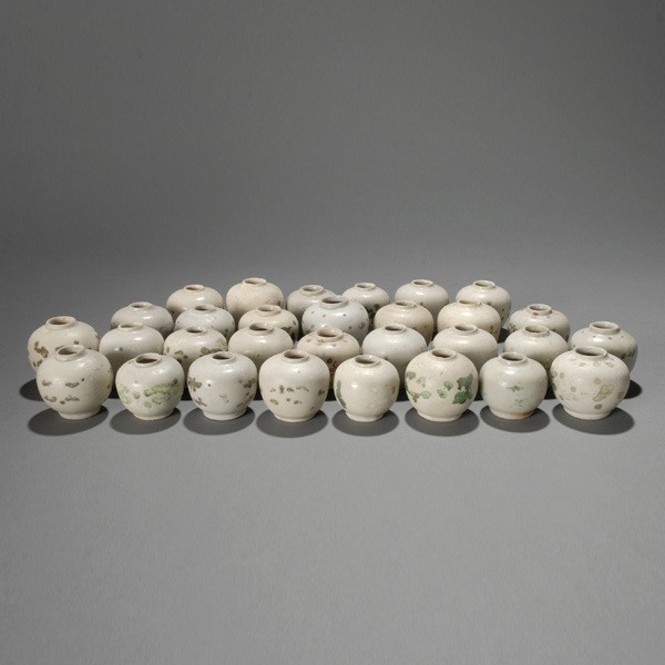 32 hoi An Hoard Enamel Vietnamese Jarlets: Thirty-two Hoi An Hoard Enamel Vietnamese Jarlets, Late 15th/Early 16th Century {Height 2 inches, diameter 2 inches}