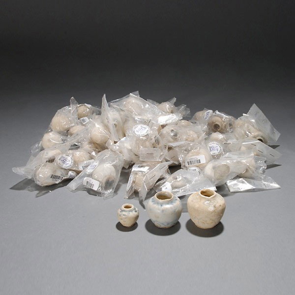 58 Hoi An Hoard B/W Miniature Vietnamese Jarlets: Fifty-eight Hoi An Hoard Blue and White Miniature Vietnamese Jarlets,Late 15th/Early 16th Century {Height 1 inch,diameter 1 inch}