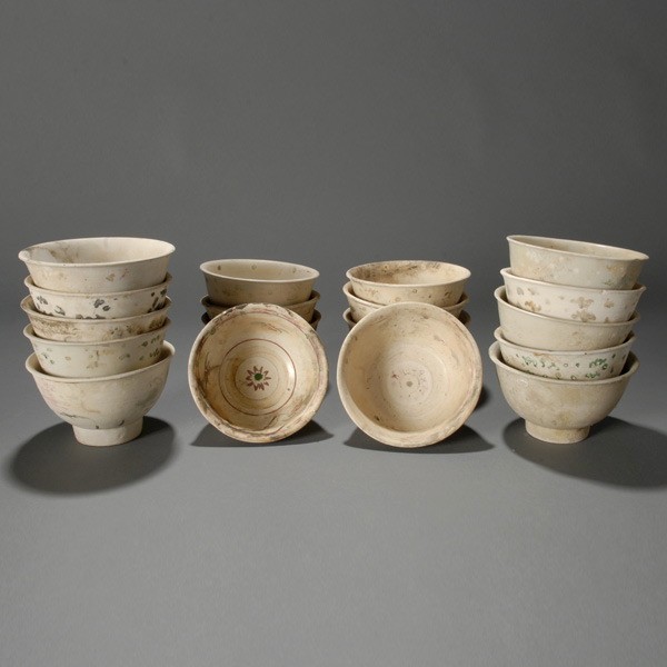 17 Hoi An Hoard Enamel Vietnamese Bowls: Seventeen Hoi An Hoard Enamel Vietnamese Bowls, Late 15th/Early 16th Century {Average height 3 1/4 inches, diameter 5 1/4 inches}