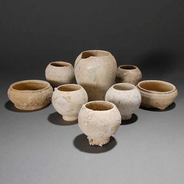 21 Hoi An Hoard B/W Dishes/Jarlets Vietnamese: Twenty-one Hoi An Hoard Blue and White Combination of Vietnamese Dishes and Jarlets, Late 15th/Early 16th Century {Average height 3 1/4 inches, average diameter 3 inches} [Losses, restored and marine 