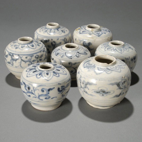 24 Hoi An Hoard Blue and White Vietnamese Jarlets: Twenty-four Hoi An Hoard Blue and White Vietnamese Jarlets,Late 15th/Early 16th Century {Average height 2 1/2 inches, average diameter 3 inches}