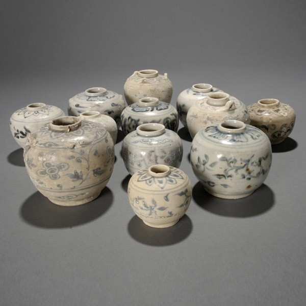 22 Hoi An Hoard Vietnamese Variety of Jarlets: Twenty-two Hoi An Hoard Vietnamese Variety Sizes and Motifs Jarlets,late 15th/Early 16th Century {Average height 3 1/2 inches, average diameter 2 3/8 inches}