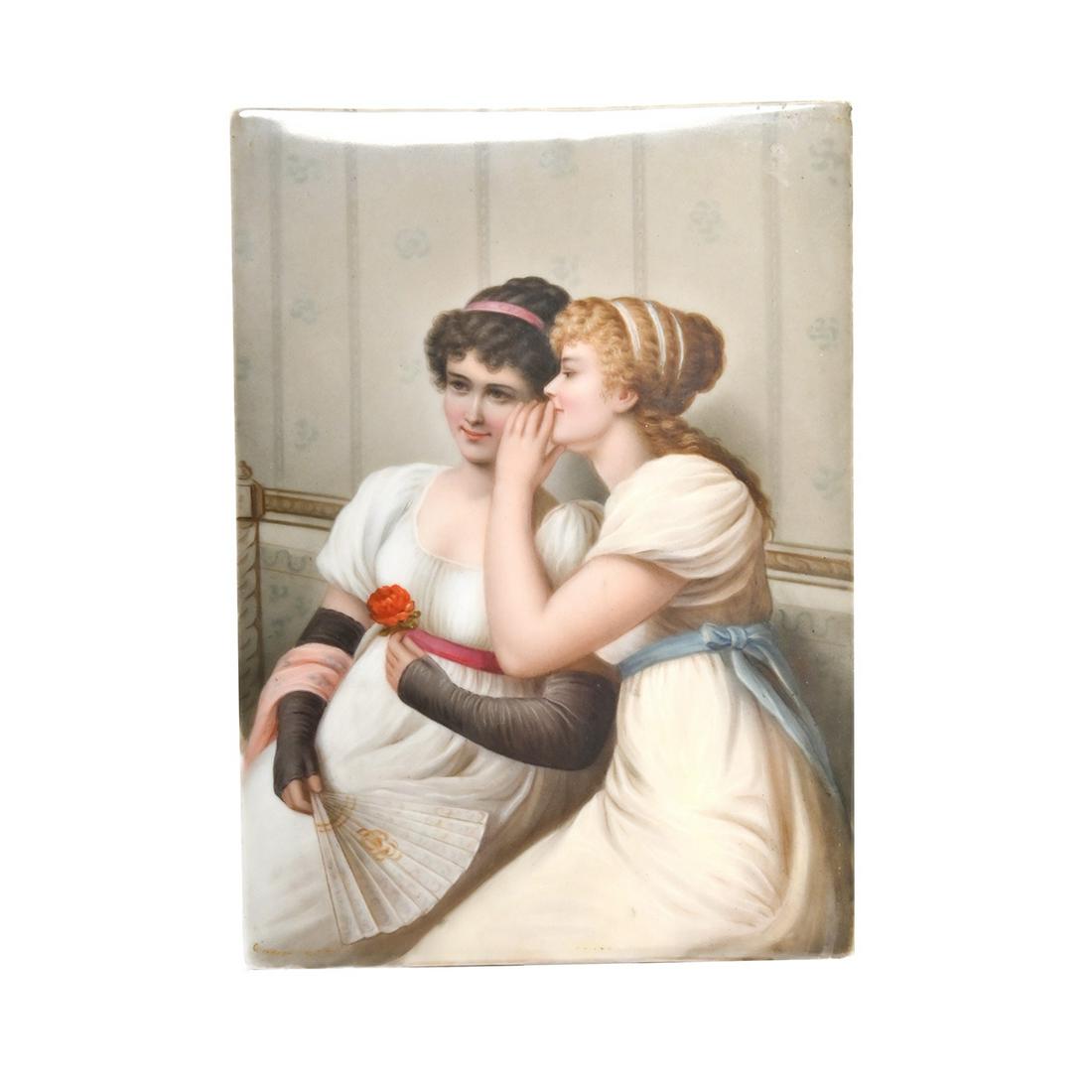 Berlin Porcelain Painted Plaque, "Whispering Secrets": Berlin Porcelain Painted Plaque, "Whispering Secrets" Attributed to Wagner. The unframed plaque depicting two women in white dresses, the blonde woman whispering something to the brunette woman, who i