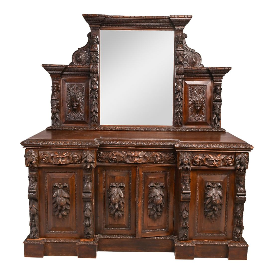 19th Century Carved Oak Buffet with Mirror Back. (1 of 5)