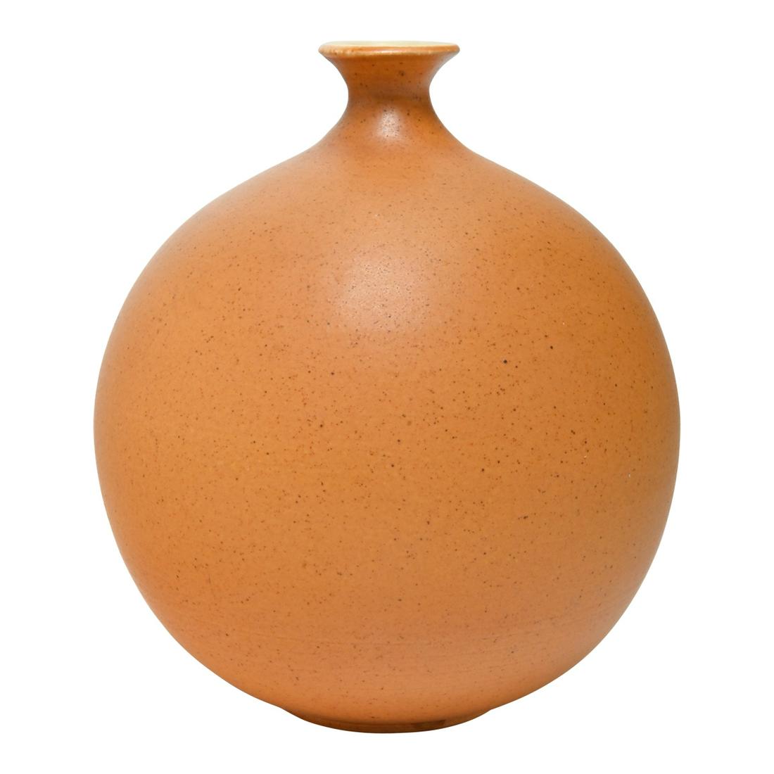 James Lovera Vase.: James Lovera Vase. James Lovera (1920-2015); the narrow mouth with everted rim, globular body, thin ring foot, speckled orange glaze with sandy texture. 'Lovera' inscribed to the underside. {Approxima