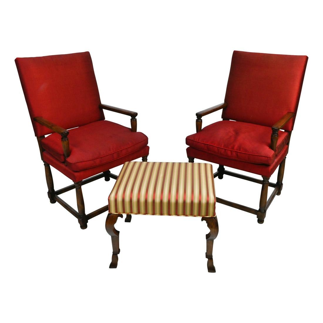 Pair of Tudor Style Armchairs and a Foot Stool. (1 of 4)