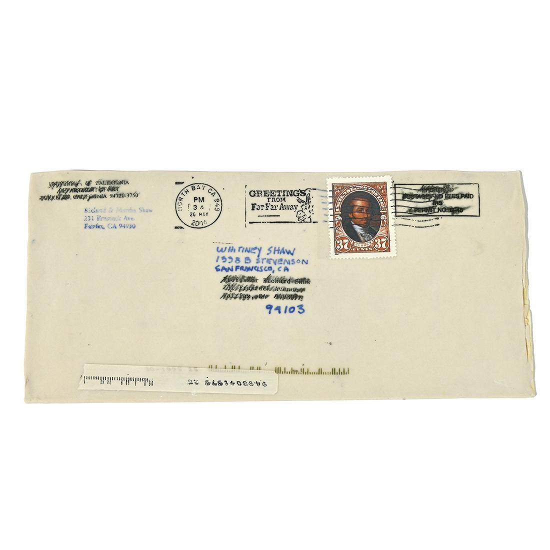 Richard Shaw, Letter to Whitiney Shaw, ceramic letter: RICHARD SHAW (American, b. 1941), ''Letter to Whitiney Shaw'', 2005, mixed media ceramic trompe l'oeil letter encased in plexi box. Letter: 4.25 inches x 9.5 inches. With box: 6.5 x 12 x 2.5 inches. s