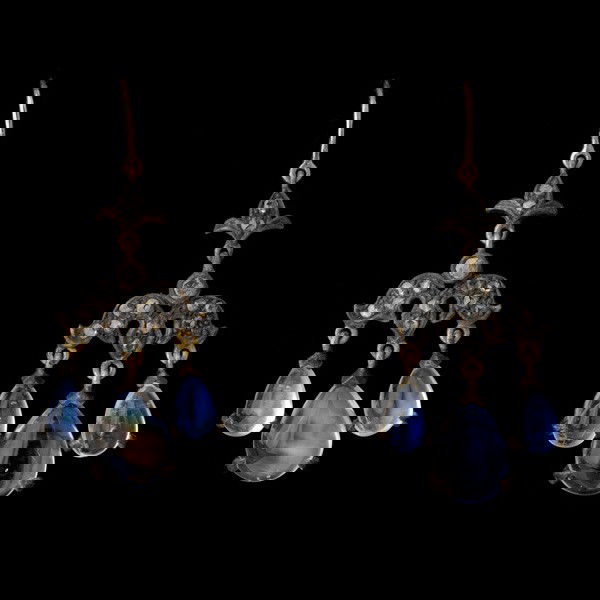 MOONSTONE DIAMOND SILVER GILT EARRINGS: PAIR OF MOONSTONE, DIAMOND, SILVER GILT, 14K YELLOW GOLD EARRINGS. Each features three pear moonstone cabochons, accented by thirteen rose-cut diamonds, weighing a total of approximately 0.08 ct, pron