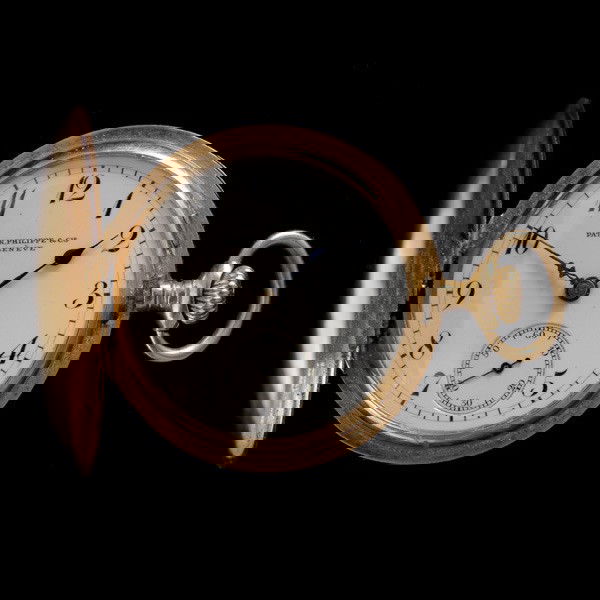 18K YELLOW GOLD HUNTING CASE POCKET WATCH.: PATEK PHILIPPE 18K YELLOW GOLD HUNTING CASE POCKET WATCH. Dial: Round, white, black stylized Arabic numeral hour markers, black outer minutes track, sunken subsidiary seconds dial at 6 o'clock, blued