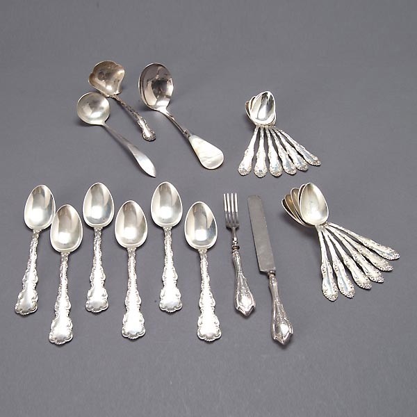 Set of Frank Whiting Tea and Demitasse spoons: Assembled Sterling Group: a set of six Frank Whiting tea and twelve demitasse spoons in the Louis XV pattern; a two piece child's set; and three sauce spoons, one with mother of pearl handle (23) {Tot