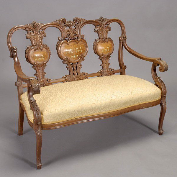 Renaissance Style Mother of Pearl Inlaid Settee: Renaissance Style Mother of Pearl Inlaid Settee {Dimensions 34 x 43 x 20 inches}